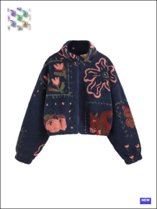 Jackets & Blazers - Sherpa Jacket Women Fleece Floral Zipper Cropped Cute Fuzzy Graphic Trendy